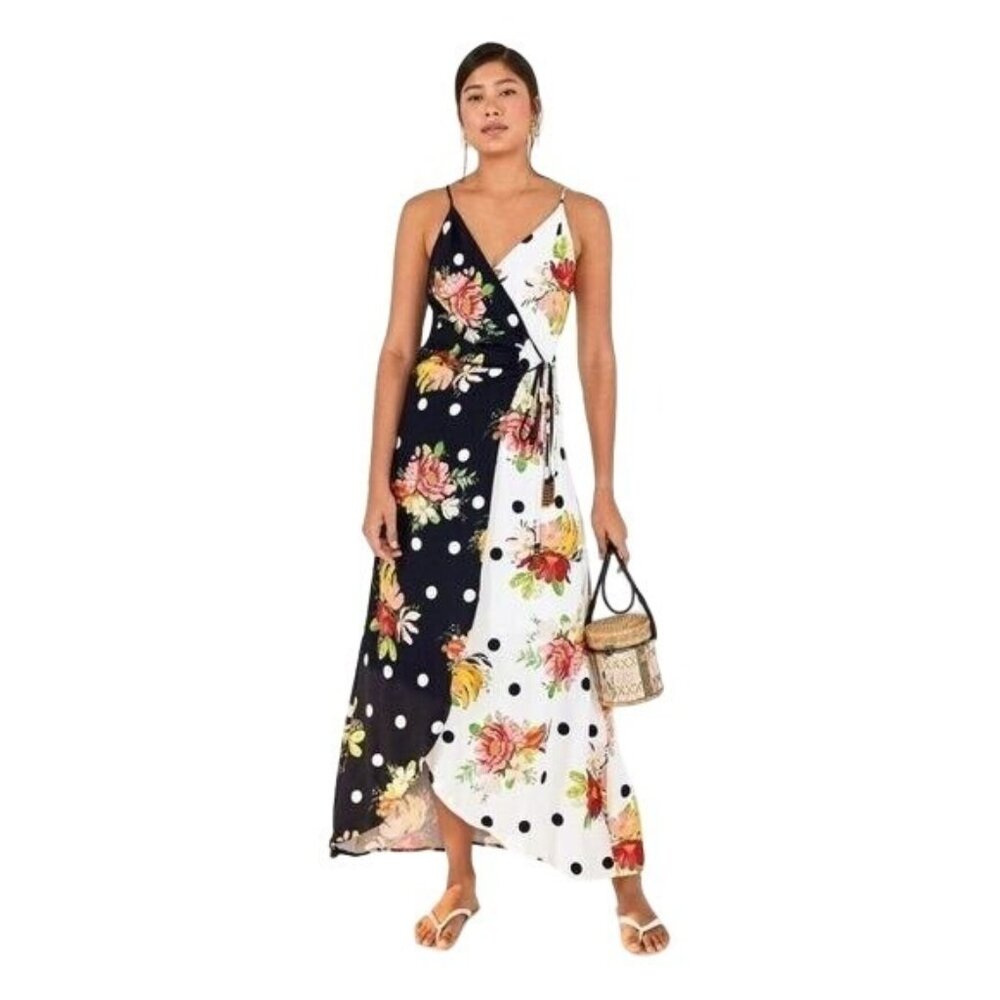 Farm Rio Wrap Maxi Dress Nanaju Floral Polka Dot Black White Small